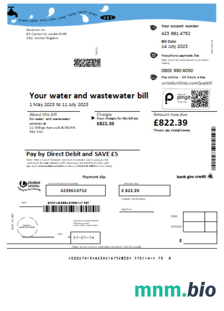 United Utilities water rachunek za usługi komunalne